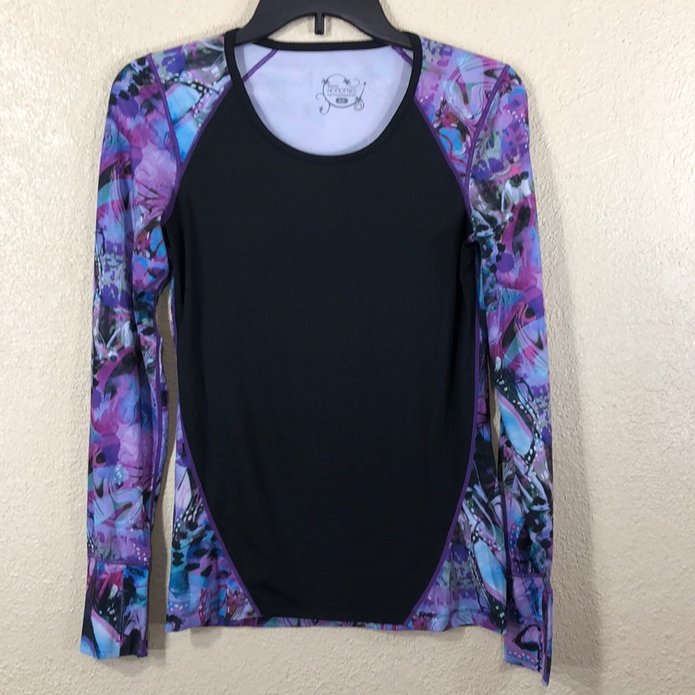 Hottotties Top Blouse S Activewear Purple Black  Pullover Stretchy Long Sleeve